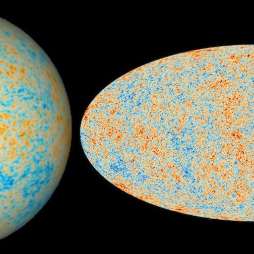 Two visualizations map the cosmos, displaying color-coded cosmic microwave background radiation. Blue and orange patches indicate temperature variations across a spherical and an oval projection.