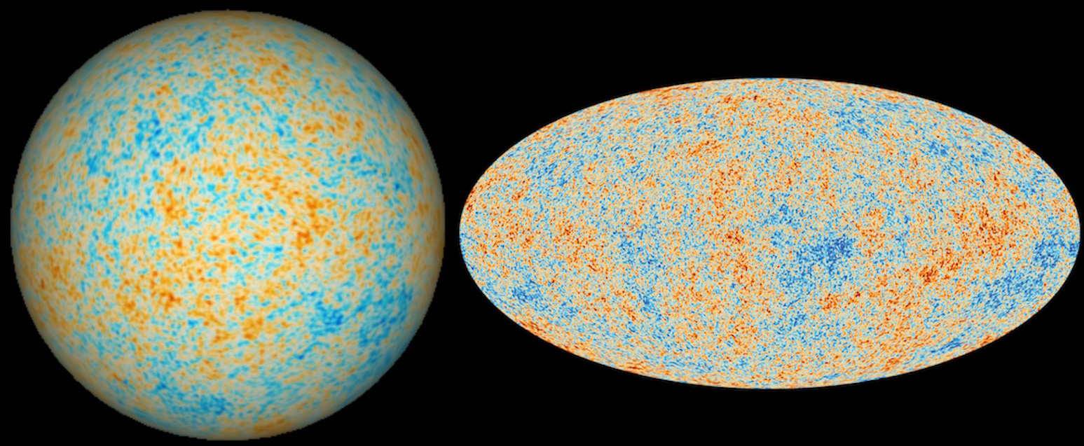 Two visualizations map the cosmos, displaying color-coded cosmic microwave background radiation. Blue and orange patches indicate temperature variations across a spherical and an oval projection.