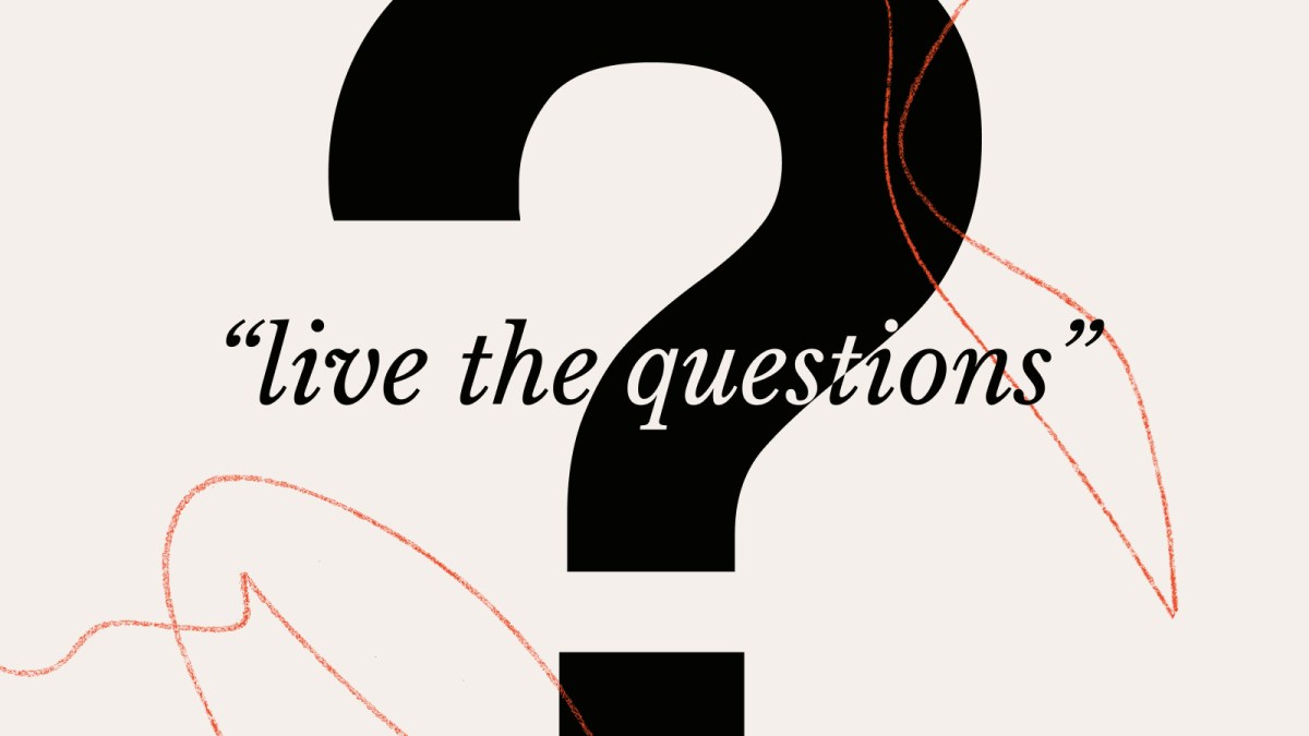 A large black question mark with the words "live the questions" overlaid in cursive font, set against a beige background with red abstract lines.
