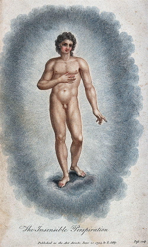 Illustration of a naked person standing, one hand on chest, surrounded by a textured halo. Titled "The Insensible Perspiration," published in 1787.