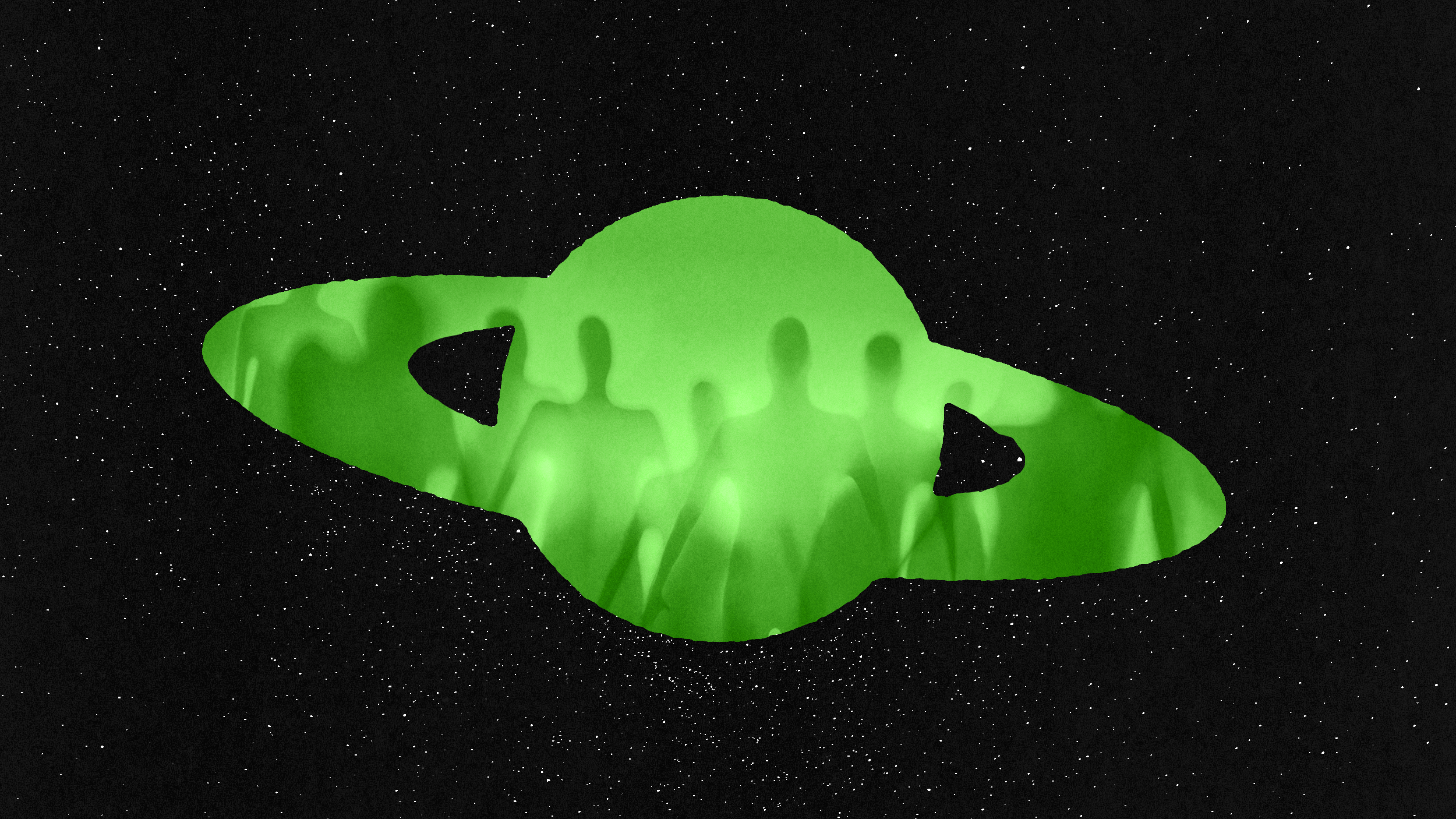 A green planet with rings is shown against a starry black background, with shadowy humanoid figures visible inside the planet’s outline.