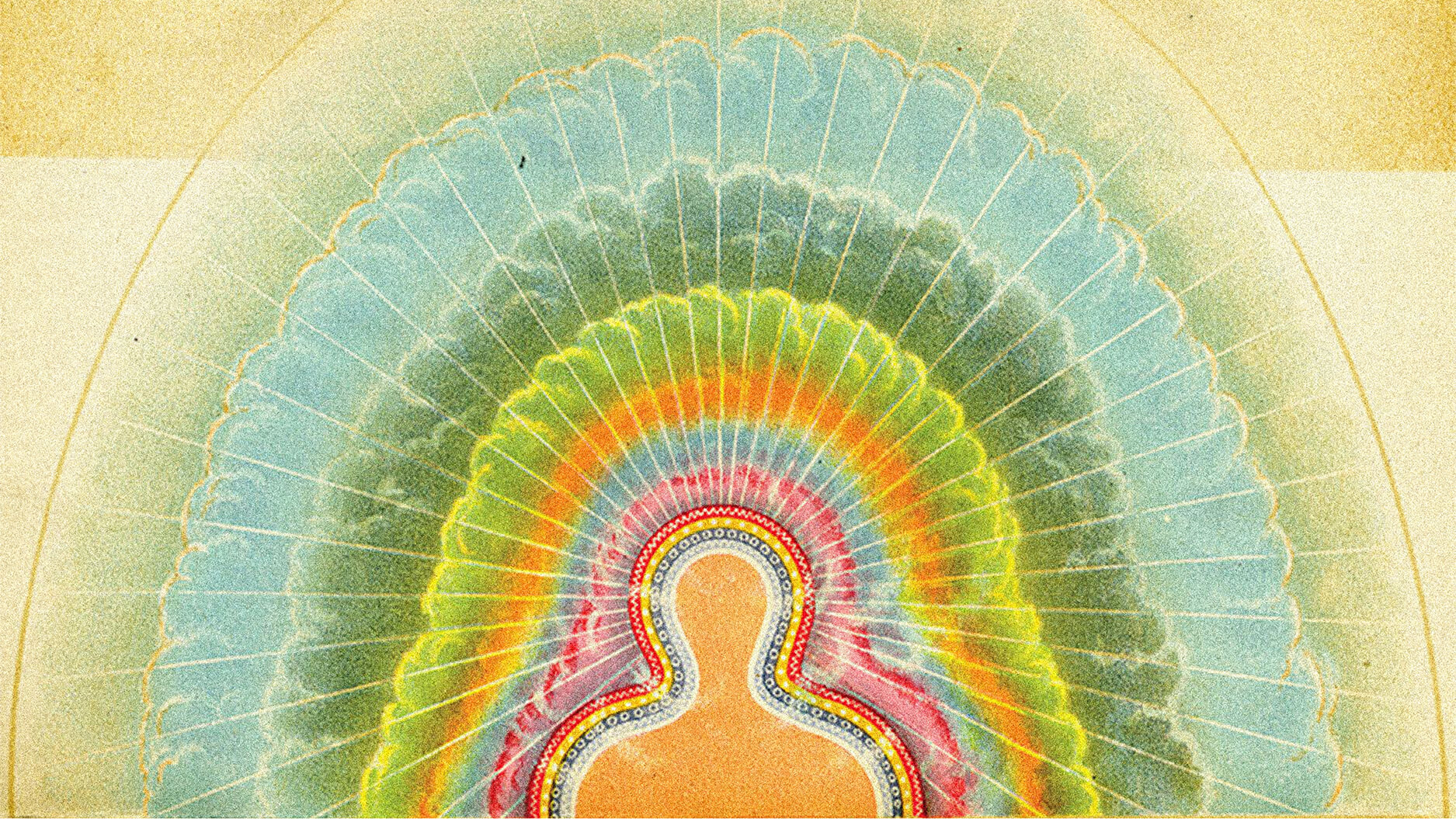 Colorful abstract depiction of a human silhouette surrounded by layered, radiant patterns in various colors against a textured background.