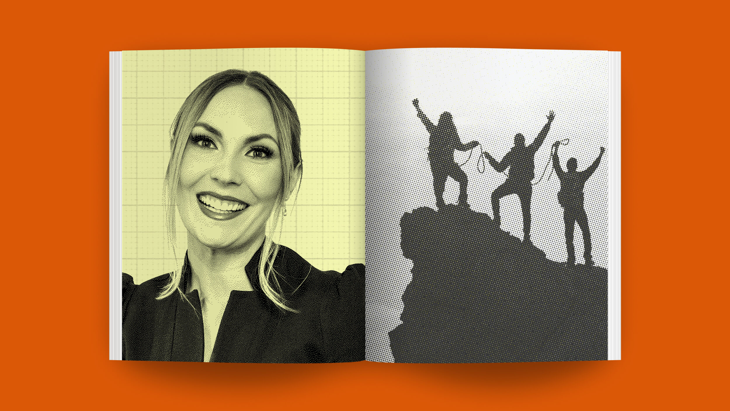 A smiling woman graces the left page, embodying the optimism of job-seeking. On the right, a silhouette of three people celebrates atop a mountain peak against an orange backdrop, capturing a moment as precious as gold.