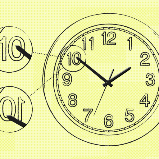 Illustration of a clock showing 10:10 with zoomed-in views highlighting both '10' markings, on an orange background.
