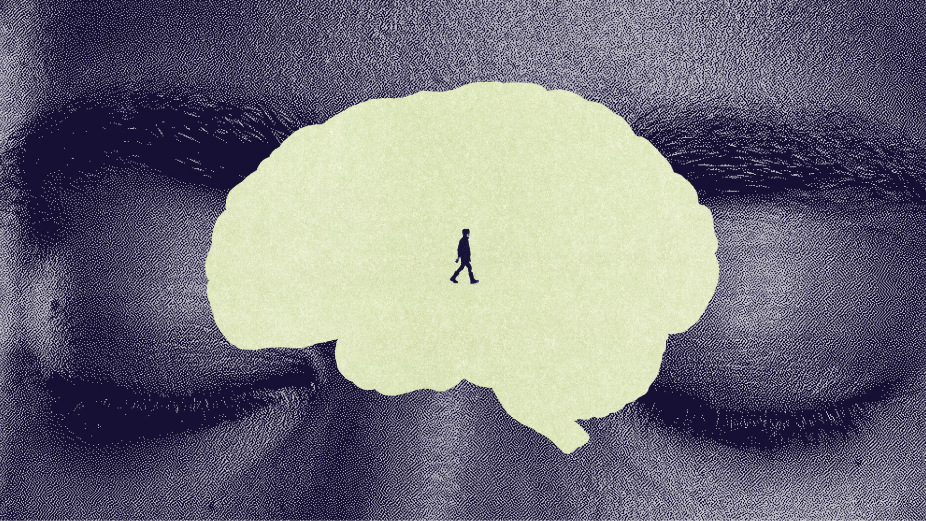 Illustration of a person walking inside a brain silhouette, overlaid on a close-up of closed eyes.