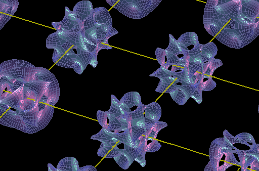 A repeating pattern of wireframe 3D geometric shapes intersected by diagonal yellow lines on a black background, evoking a physics break down of forms at the Planck scale.