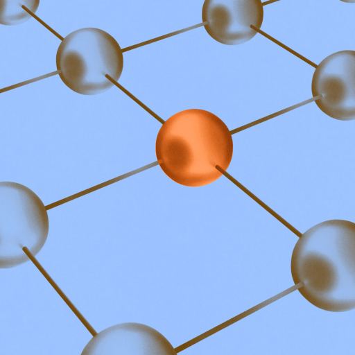 A grid of connected translucent spheres on a light blue background represents network leadership, with one central sphere colored orange instead of grey.