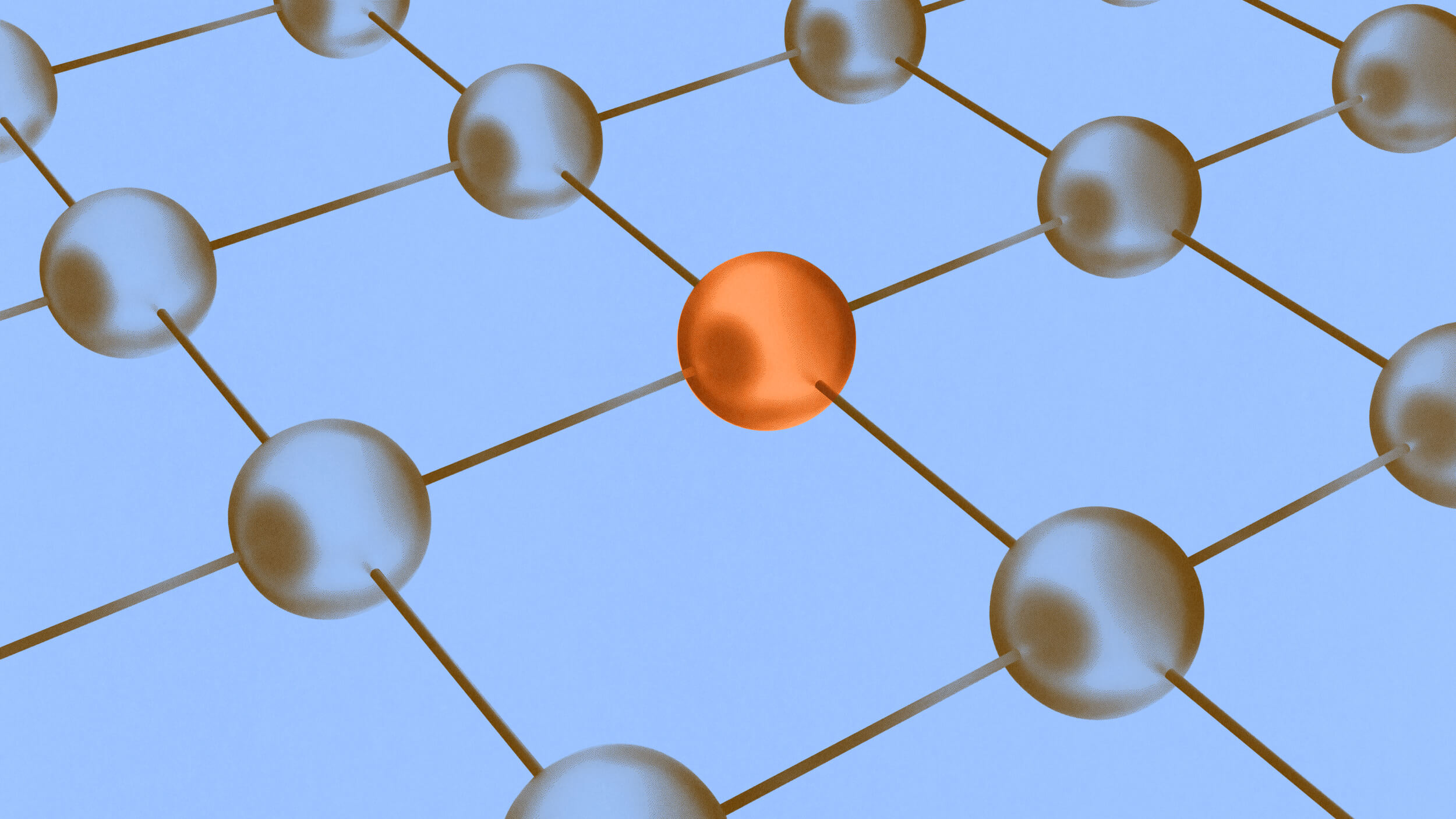 A grid of connected translucent spheres on a light blue background represents network leadership, with one central sphere colored orange instead of grey.