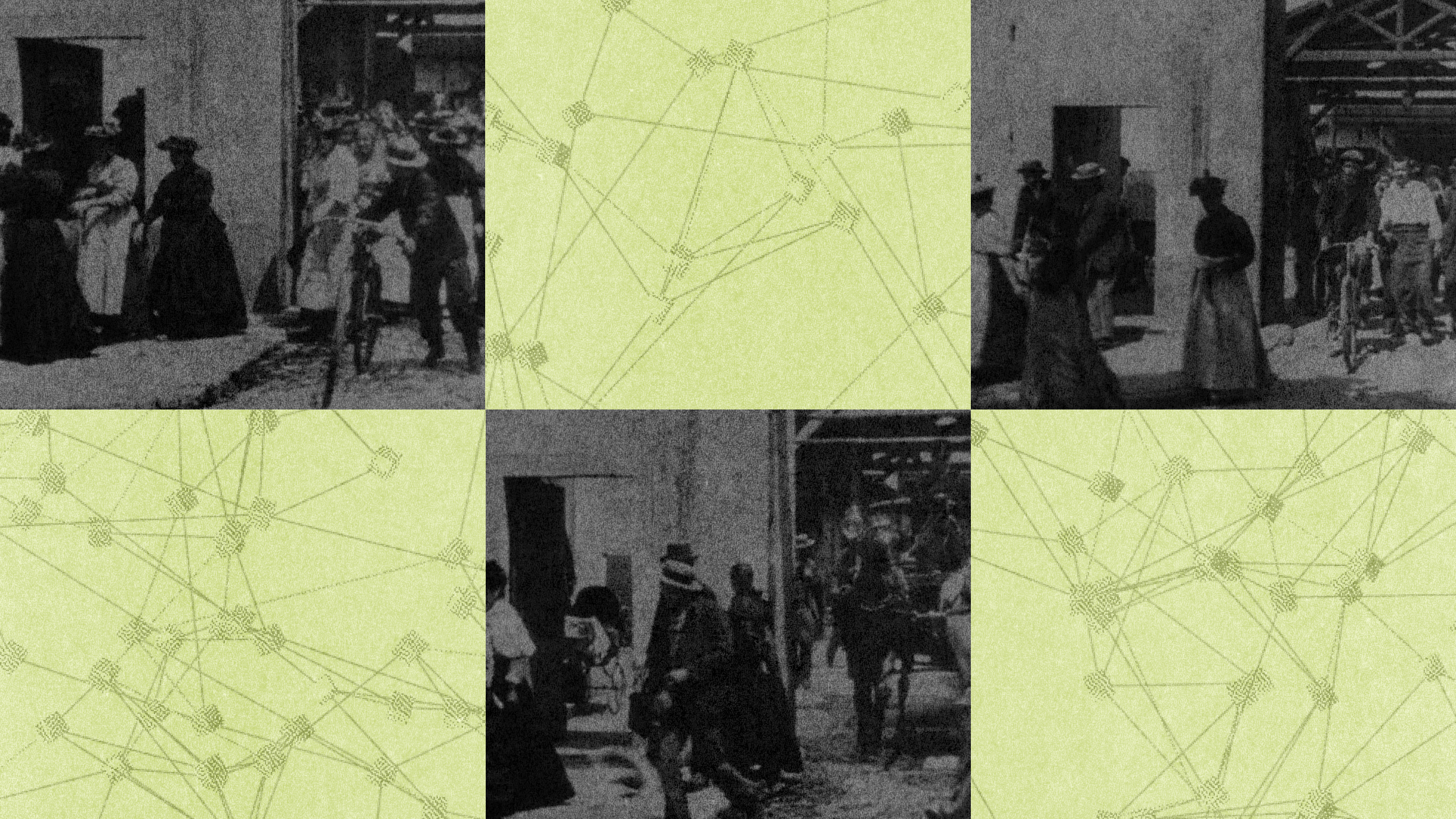 People in early 20th-century attire gather outside a building, as an intriguing green geometric pattern overlays the scene. This blend of classic and modern elements evokes the innovative spirit of AI art.