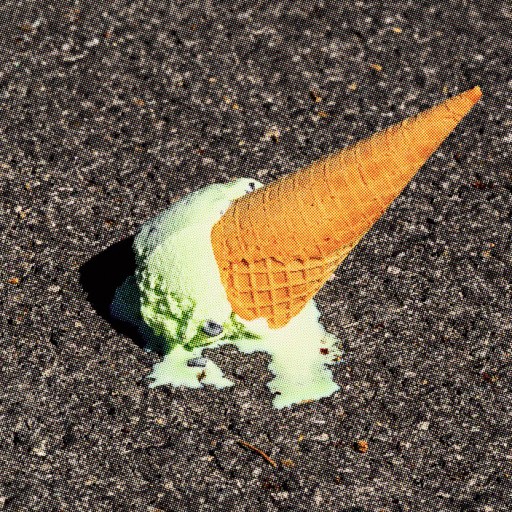 A hint of pessimism drips from the upside-down mint ice cream cone melting on the asphalt, a sweet reminder that some delights are meant to slip away.