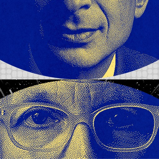Stylized graphic featuring two separate, partial illustrations of faces in blue and yellow tones against textured backgrounds, subtly capturing a nod to Seth Godin's bold and thought-provoking style.
