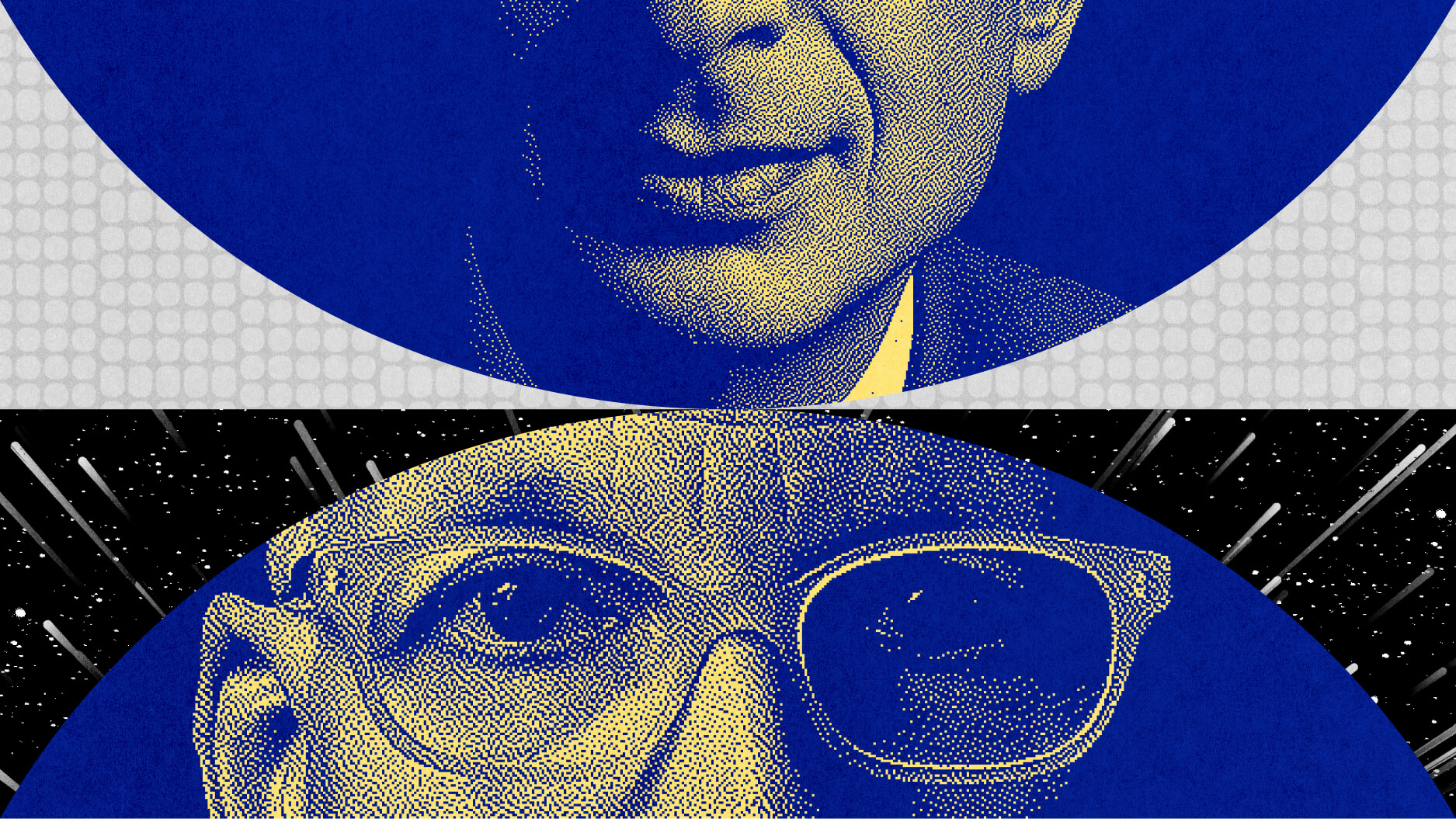 Stylized graphic featuring two separate, partial illustrations of faces in blue and yellow tones against textured backgrounds, subtly capturing a nod to Seth Godin's bold and thought-provoking style.