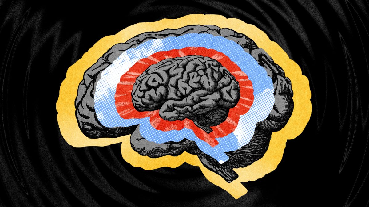 Illustration of a brain with highlighted internal sections in red and blue, set against a black swirling background, evoking the philosophy of hallucinations.