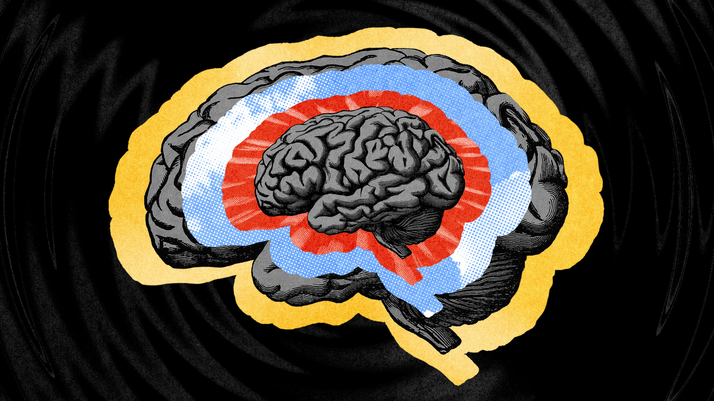 Illustration of a brain with highlighted internal sections in red and blue, set against a black swirling background, evoking the philosophy of hallucinations.