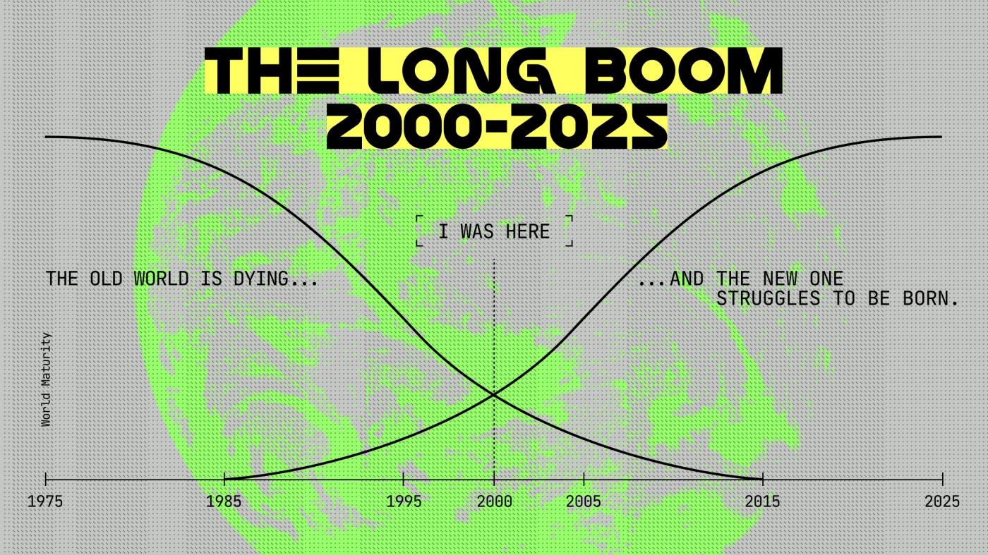 Diagram titled "The Long Boom 2000-2025" shows an X-shaped graph with "The old world is dying..." on the left, "...And the new one struggles to be born." on the right, with "I was here" at the center.