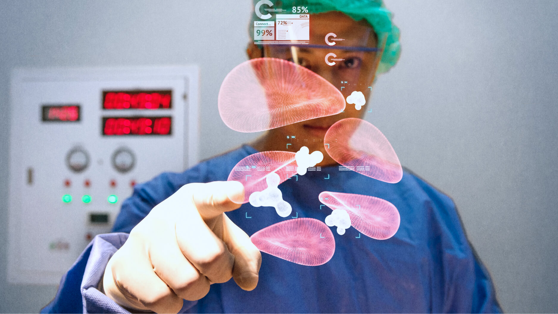 In a futuristic setting, a medical professional in scrubs interacts with a holographic heart and data display, showcasing their understanding of AI to enhance patient care.