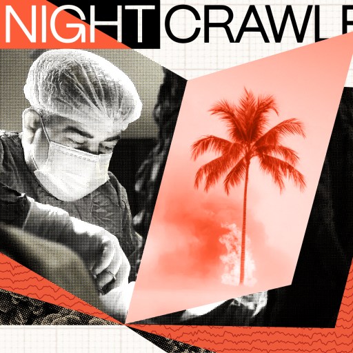 A collage features a masked life-saver in surgical attire, a palm tree scene, and bold text reading "The Night Crawler" against a geometric background.