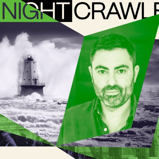A graphic featuring the text "The Nightcrawler," a black-and-white photo of a lighthouse amid waves that outlast the storm, and a green-tinted portrait of a man.