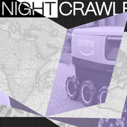 A geometric collage with partial photos of two people, a delivery robot labeled "prime" inspired by Amazon robotics, and vintage map textures, overlaid by the text "THE NIGHTCRAWLER.