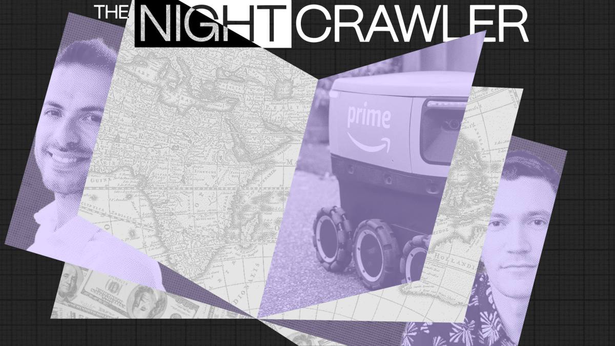 A geometric collage with partial photos of two people, a delivery robot labeled "prime" inspired by Amazon robotics, and vintage map textures, overlaid by the text "THE NIGHTCRAWLER.