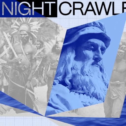 A collage with "The Nightcrawler" text, historic photos of Indigenous people, a blue-toned statue reminiscent of Leonardo da Vinci's art, and blue ocean waves overlapping the images.