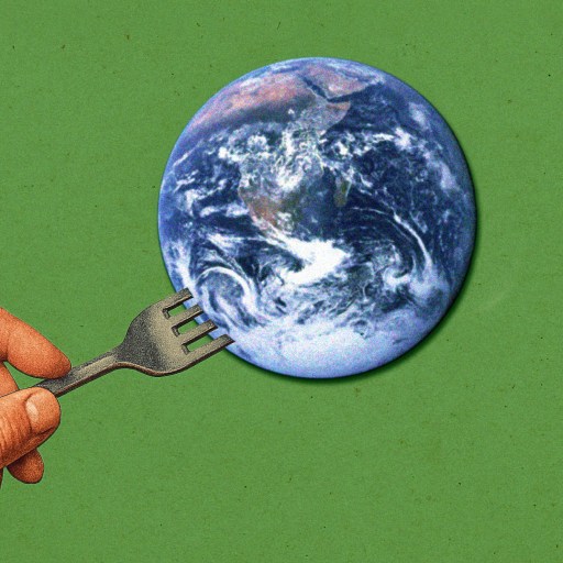 A hand holding a fork is positioned toward a photo of Earth against a green background.