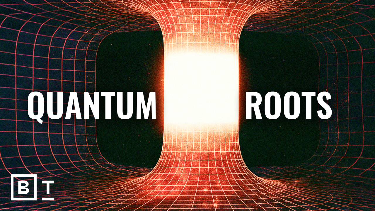 A glowing white tunnel with a red grid pattern is shown, with the words "QUANTUM ROOTS" in bold text and a BT logo in the lower left corner.