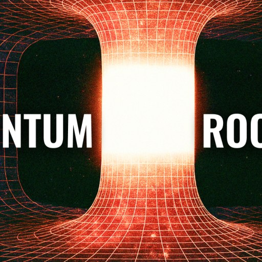 A glowing white tunnel with a red grid pattern is shown, with the words "QUANTUM ROOTS" in bold text and a BT logo in the lower left corner.