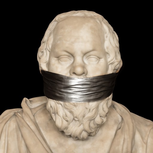 Marble bust of a bearded man with eyes closed and mouth covered by a strip of black tape, set against a black background.