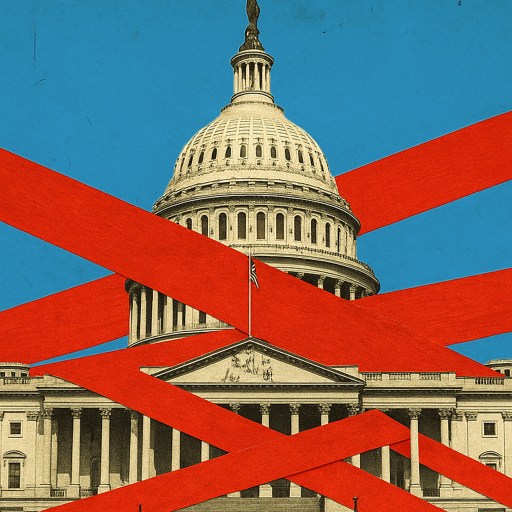 The U.S. Capitol building is shown with large red tape strips crossed over it against a blue sky, symbolizing restriction or a government shutdown.