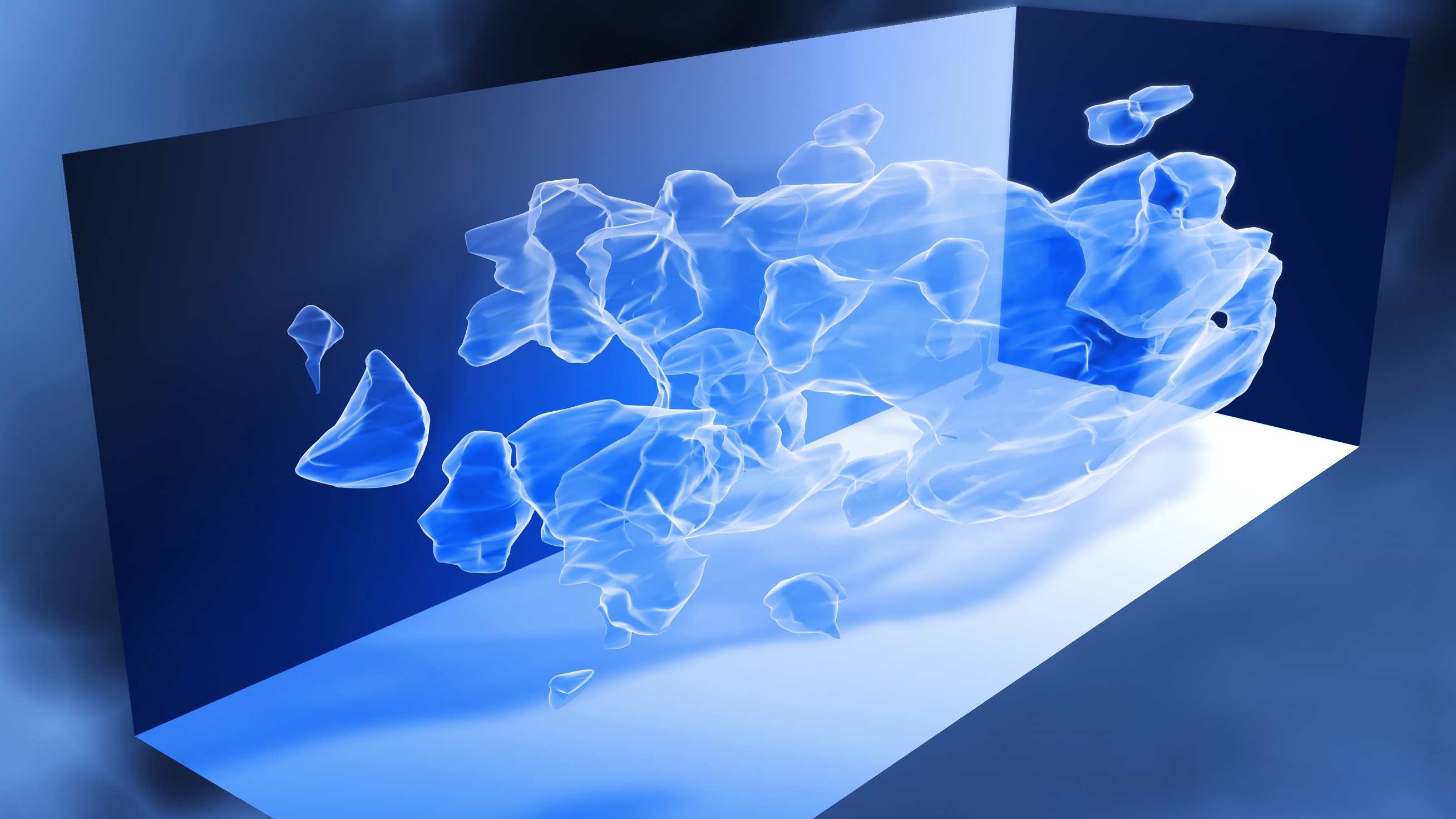A digital 3D visualization shows translucent blue shapes in front of a blue wall and floor, illustrating an abstract concept—perhaps a universe without dark matter.