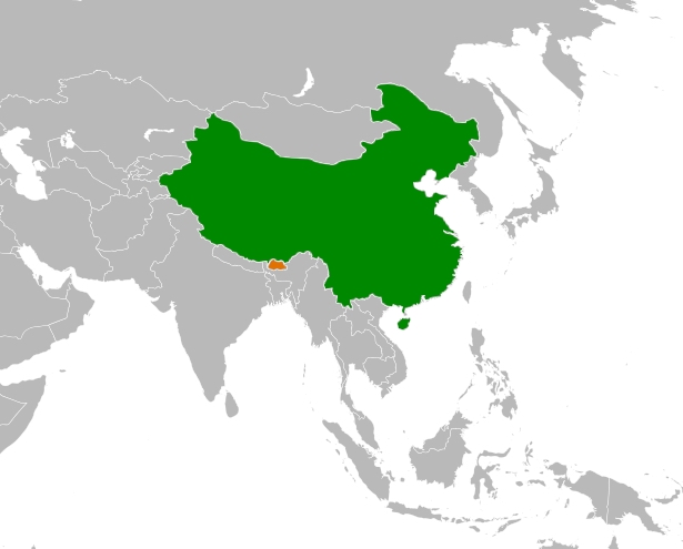 Map highlighting China in green and Bhutan in orange, with surrounding Asian countries shown in grey.