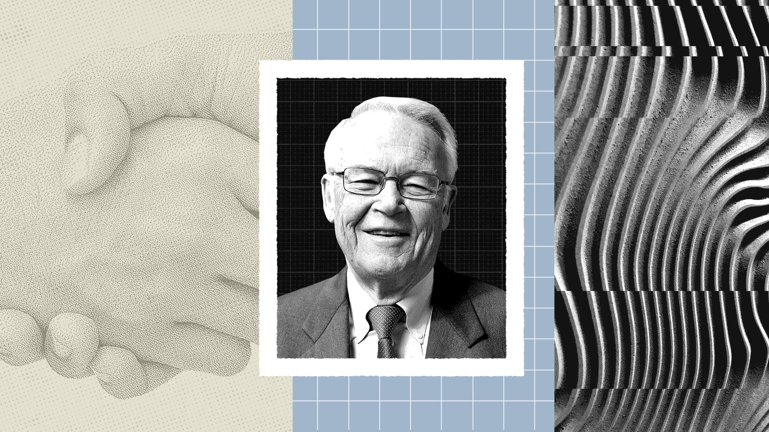 Black and white portrait of David Aaker, an older man in a suit and glasses, centered between artistic backgrounds of a handshake, grid, and abstract curved lines.