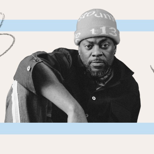 A man wearing a beanie and dark clothing sits with one arm resting on his knee, inside a blue rectangular frame on a light background with abstract lines, embodying the cool, thoughtful vibe of King Willonius.