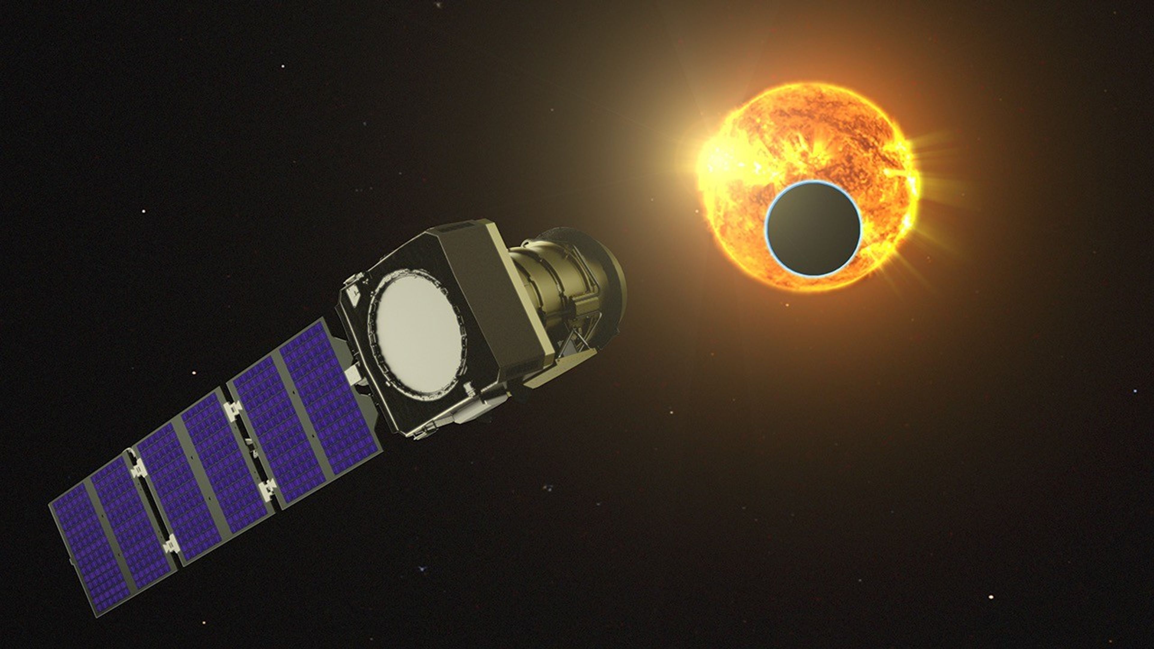 A space telescope with solar panels orbits in space, observing a planet transiting in front of a bright star.