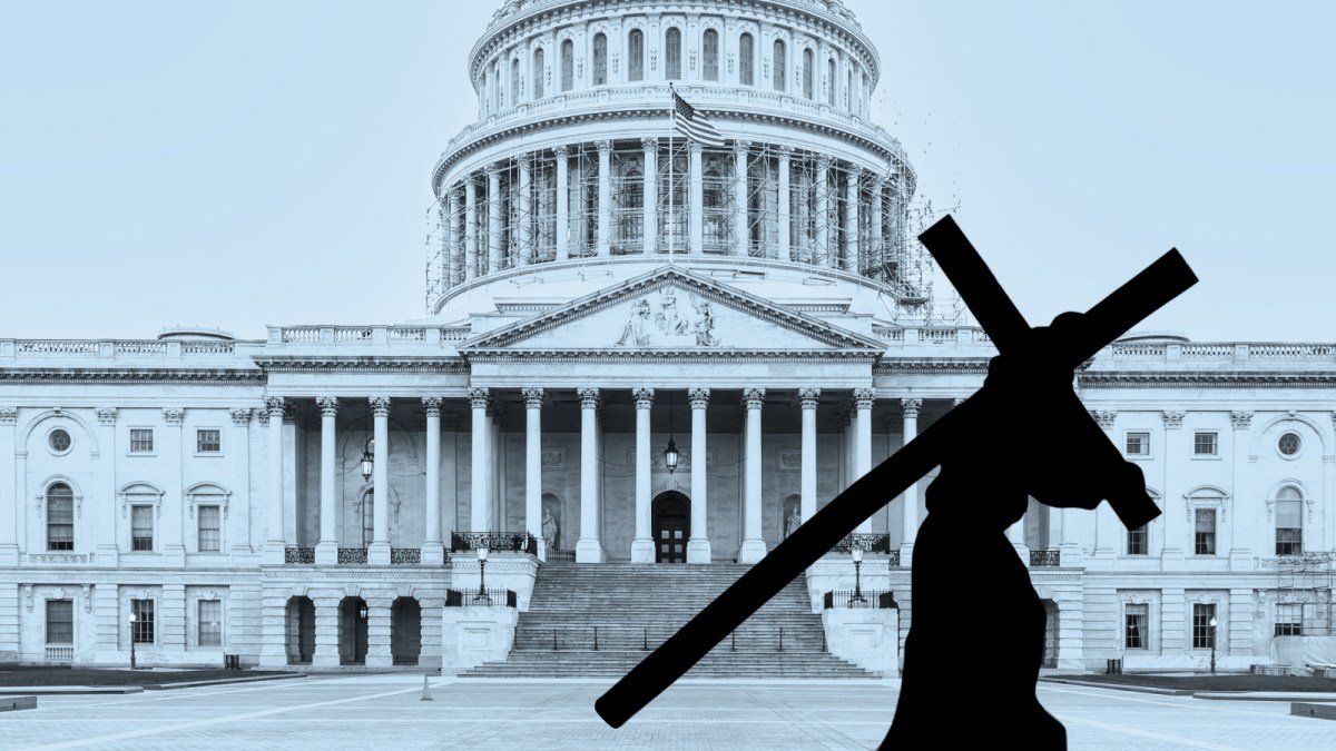 Silhouette of a person carrying a cross in front of the United States Capitol building, symbolizing cross purposes between faith and politics.