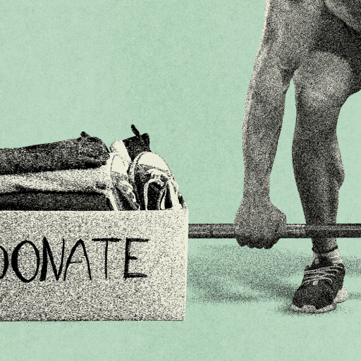 A person lifts a barbell next to a box labeled "DONATE," filled with folded clothes and shoes, highlighting fitness and charity against a light green background.