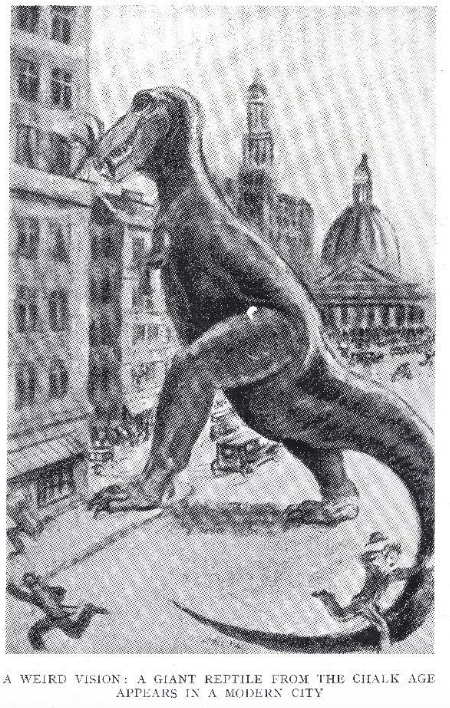 A giant reptile stands atop a building in a modern city, with people fleeing in the streets below and domed buildings in the background.