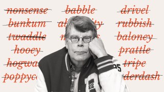 A man sits with his head resting on his hand, surrounded by crossed-out words like "nonsense," "babble," and "rubbish" in red text.