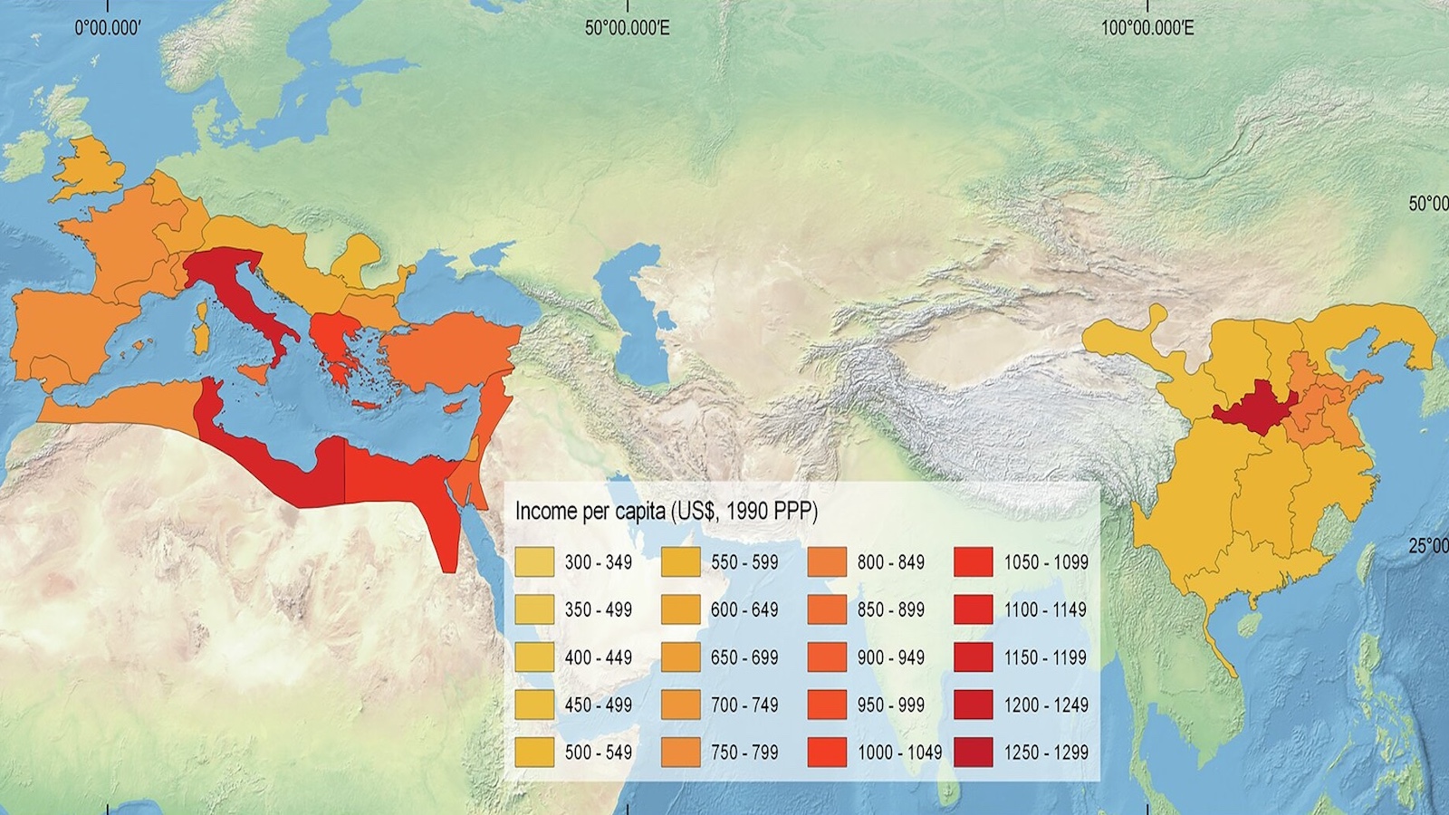 Map showing income per capita in 1300 (US dollars, 1990 PPP) across Europe, the Middle East, North Africa, and Asia, with regions shaded by income brackets.