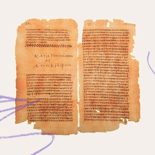 A photograph of an ancient manuscript with Greek text, displayed on a plain background with abstract purple lines drawn around the edges.