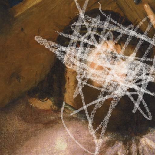 A classical painting of the historical Jesus carrying a cross, with his face obscured by white scribble marks.