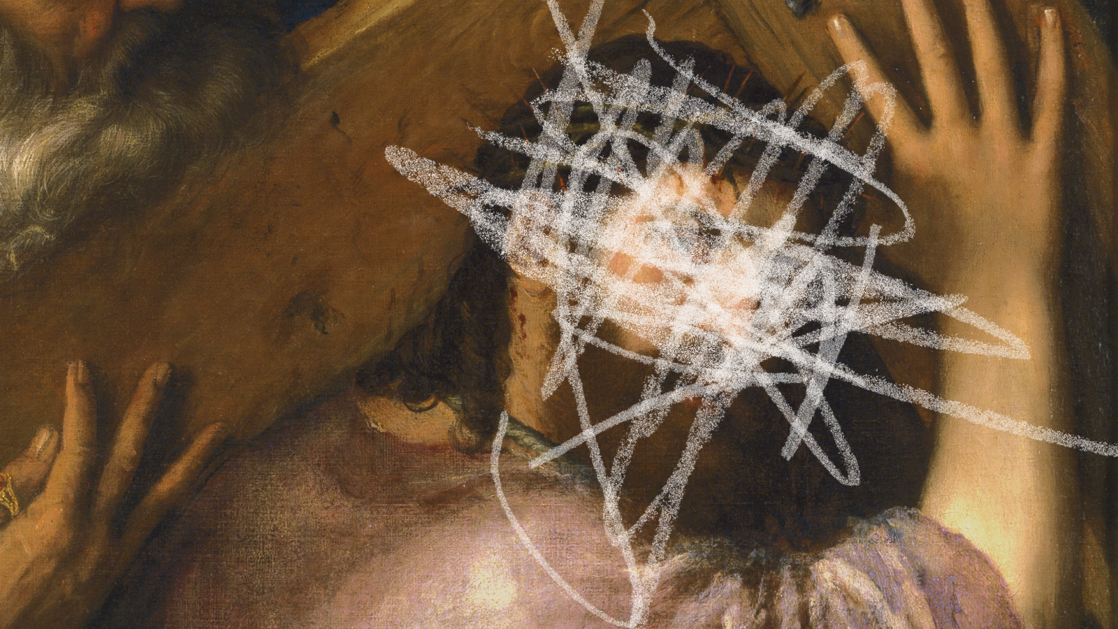 A classical painting of the historical Jesus carrying a cross, with his face obscured by white scribble marks.