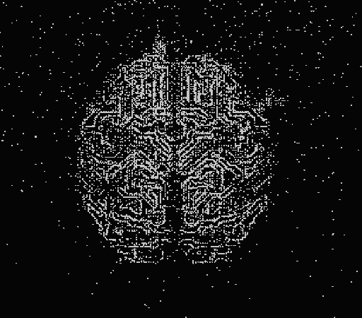 A digital illustration of a brain, composed of circuit-like lines, appears against a black background filled with white dots resembling stars.