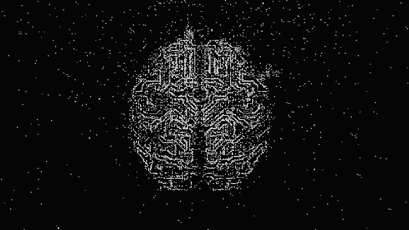 A digital illustration of a brain, composed of circuit-like lines, appears against a black background filled with white dots resembling stars.