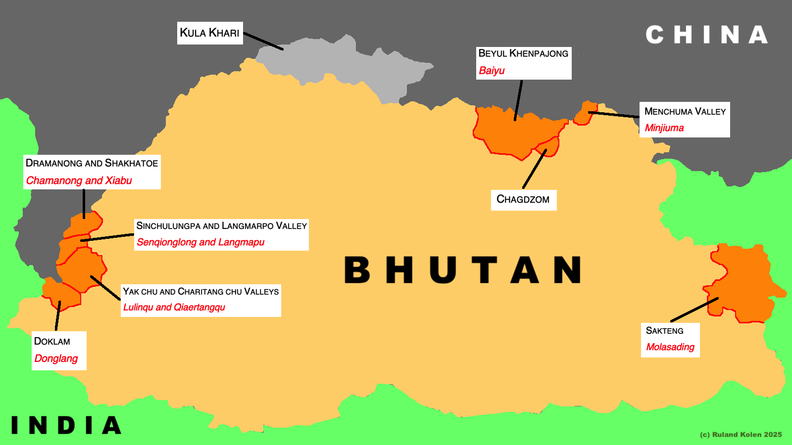 Map of Bhutan showing disputed regions along its borders with India and China, each area labeled with corresponding place names and highlighted in orange.