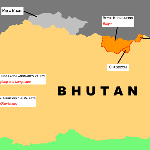 Map of Bhutan showing its borders with China and India, highlighting several disputed regions with labels indicating their names and locations.