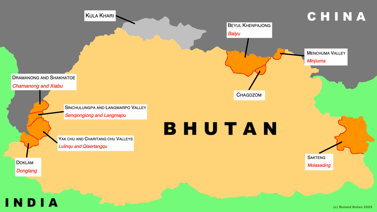 Map of Bhutan showing its borders with China and India, highlighting several disputed regions with labels indicating their names and locations.