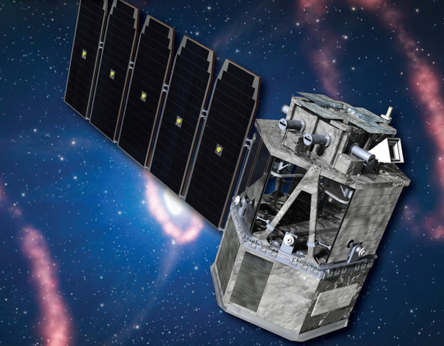 A metallic satellite with large solar panels orbits in space with distant galaxies and stars visible in the background.