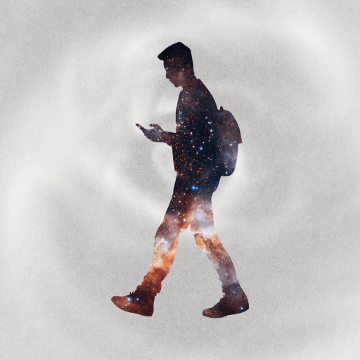 Silhouette of a person with a backpack looking at a phone or book, filled with a galaxy pattern, on a light, swirling background.